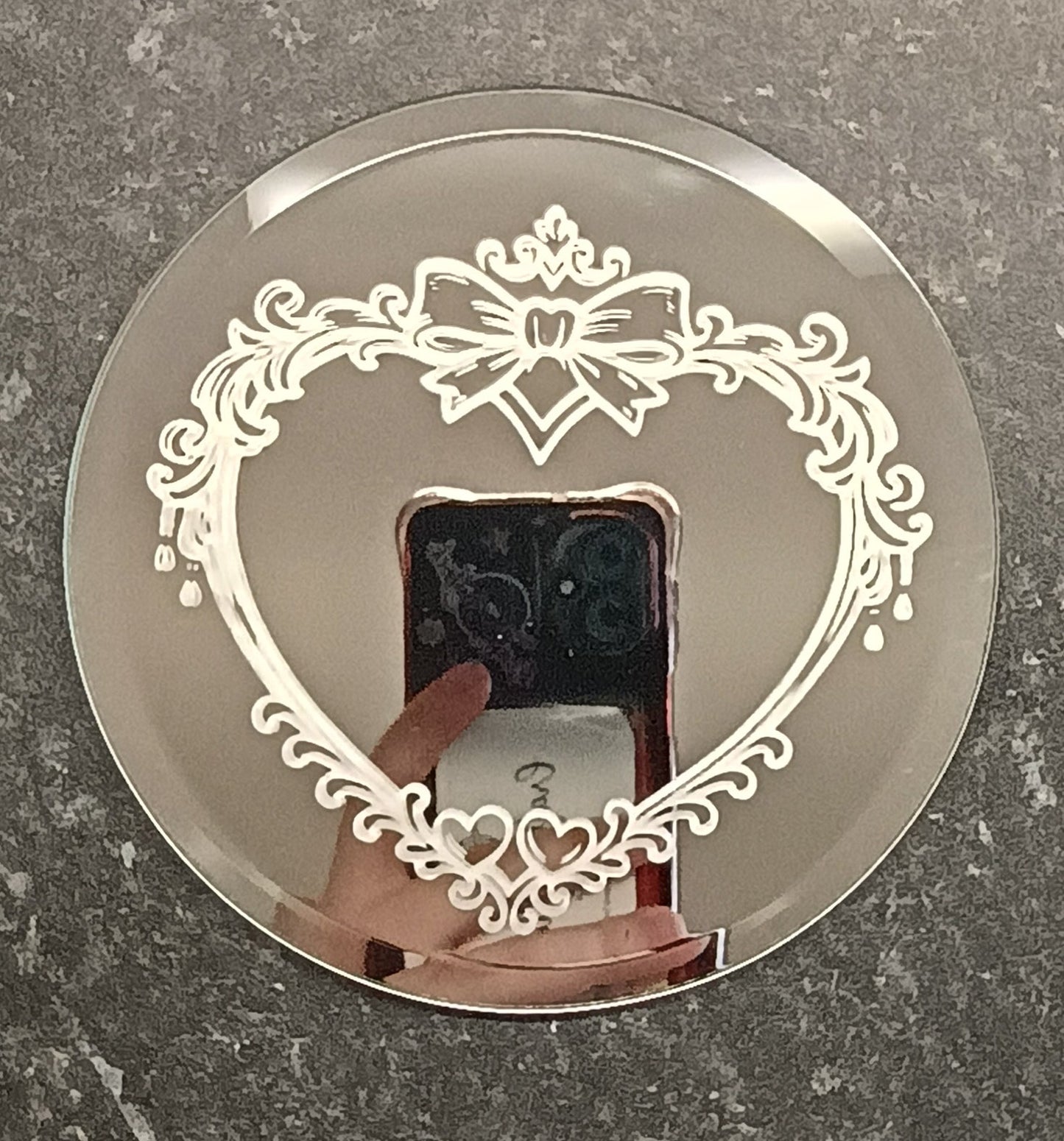 Etched heart applique mirror